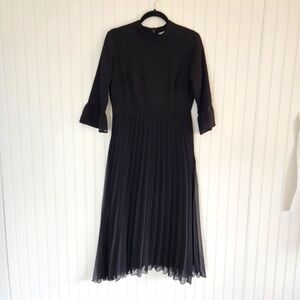 DOWNEAST Black Modest Minimalist Ruffle 3/4 Sleeve Pleated Skirt Midi Dress S